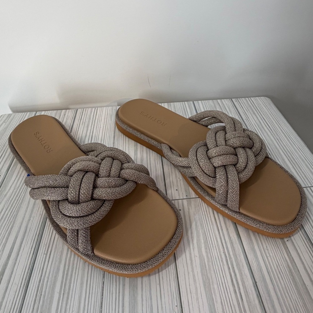 Rothys The Summer Slide Sandals Taupe Shimmer Braided Knit Flat Shoes Women 10.5